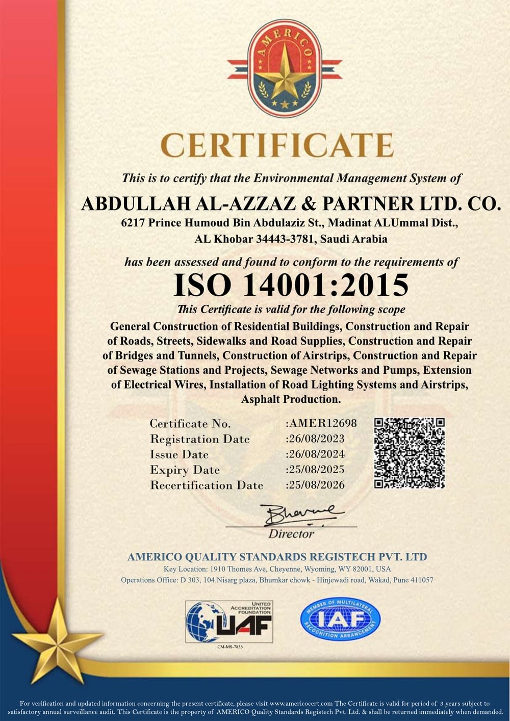 ISO 14001:2015 Environmental Management certificate