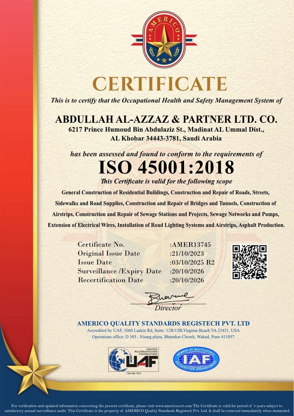 ISO 45001:2018 Occupational Health and Safety certificate
