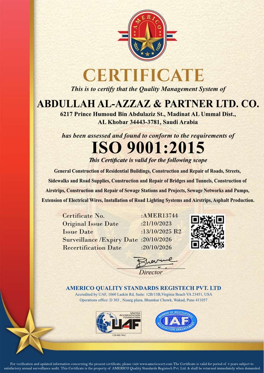 ISO 9001:2015 Quality Management certificate