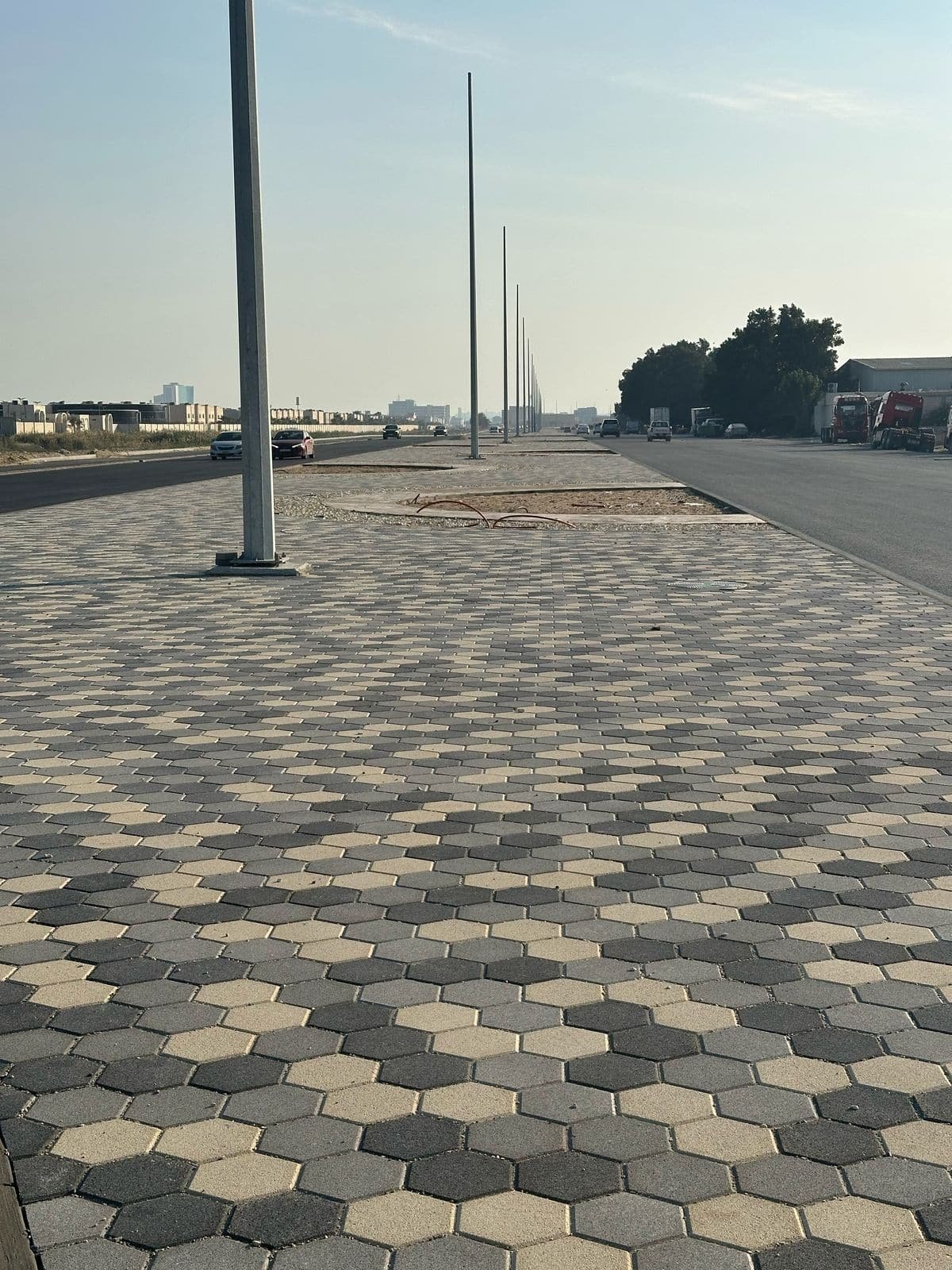 Hexagonal sidewalk pavers freshly installed